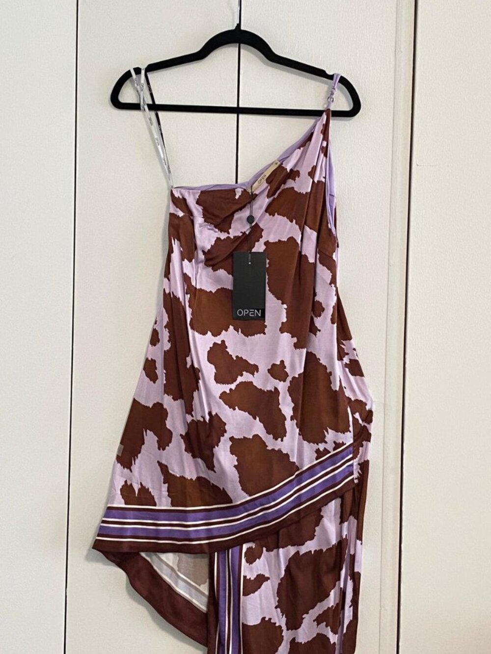 OPEN - Asymmetrical Cow Print Slip Dress (Midi)